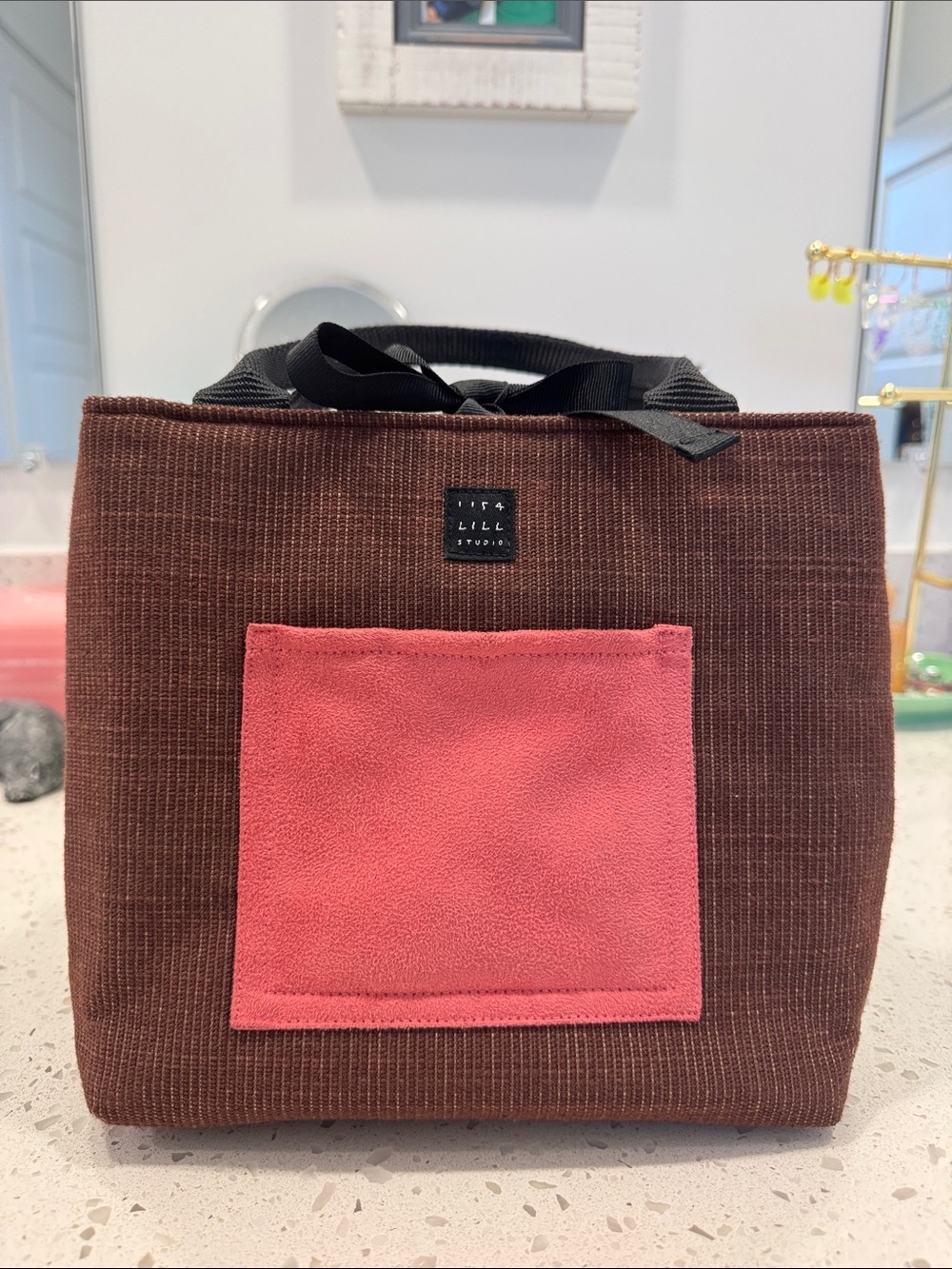 Brown Mini Tote with Pink Front Pocket